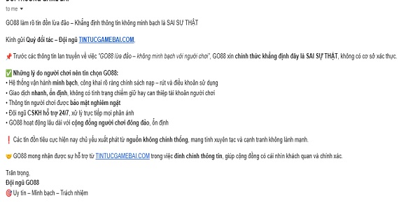 Gmail phản hồi GO88 không minh bạch người chơi