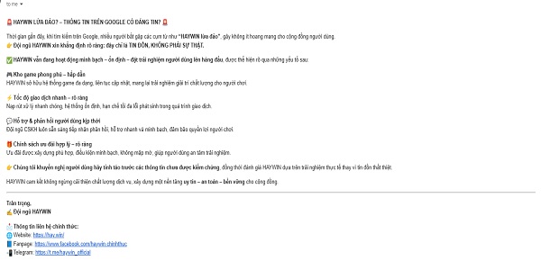 gmail phản hồi của HAYWIN