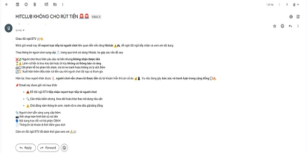 Gmail phản hồi của người chơi về HITLCUB lừa đảo